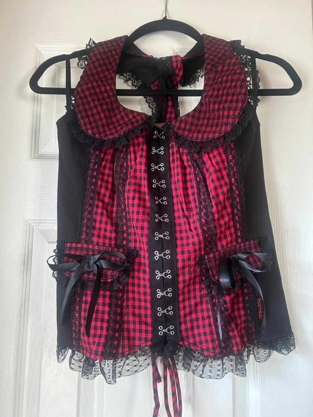 Tripp NYC Red and black bow peep gingham halter corset small rare NWT
